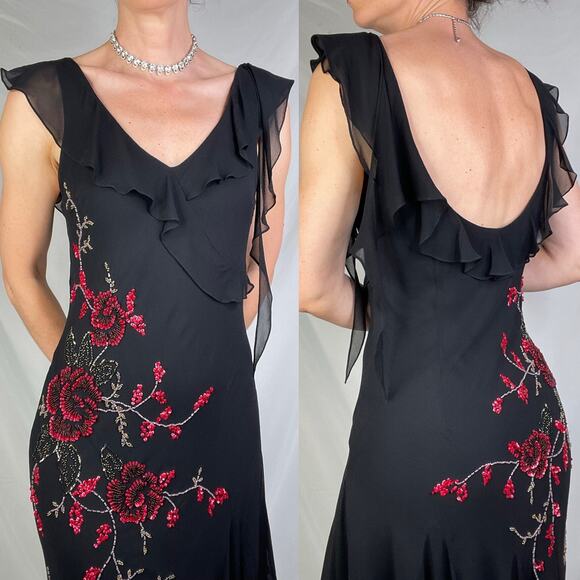 Sue Wong beaded sequin rose floral silk dress midi maxi gown prom asymmetrical M - Picture 13 of 15